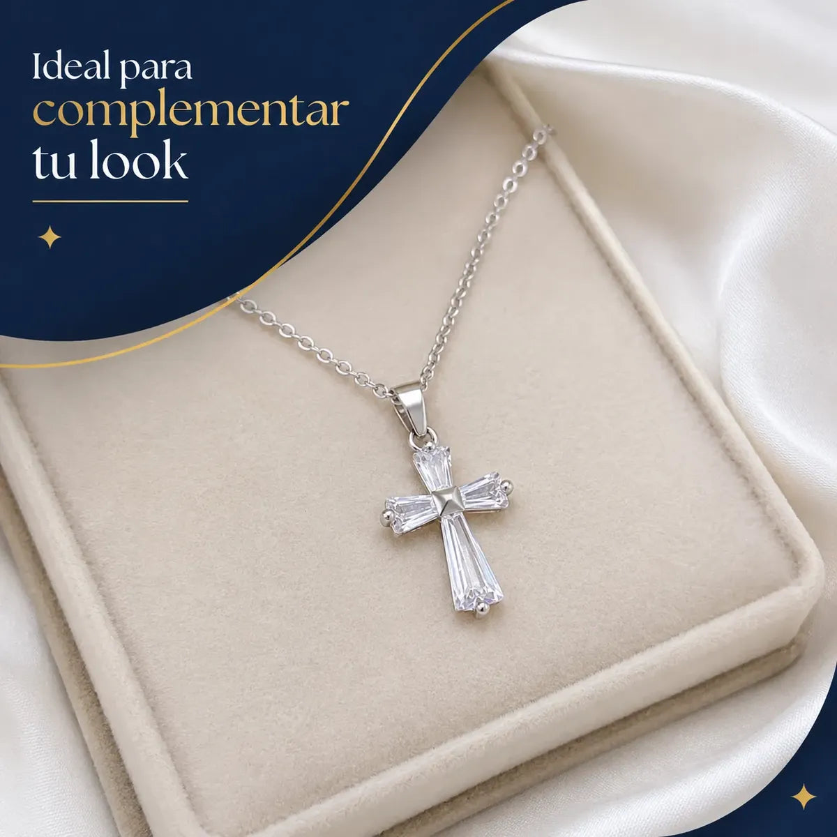Collar Cruz Baguette con Circonias de Acero Inoxidable