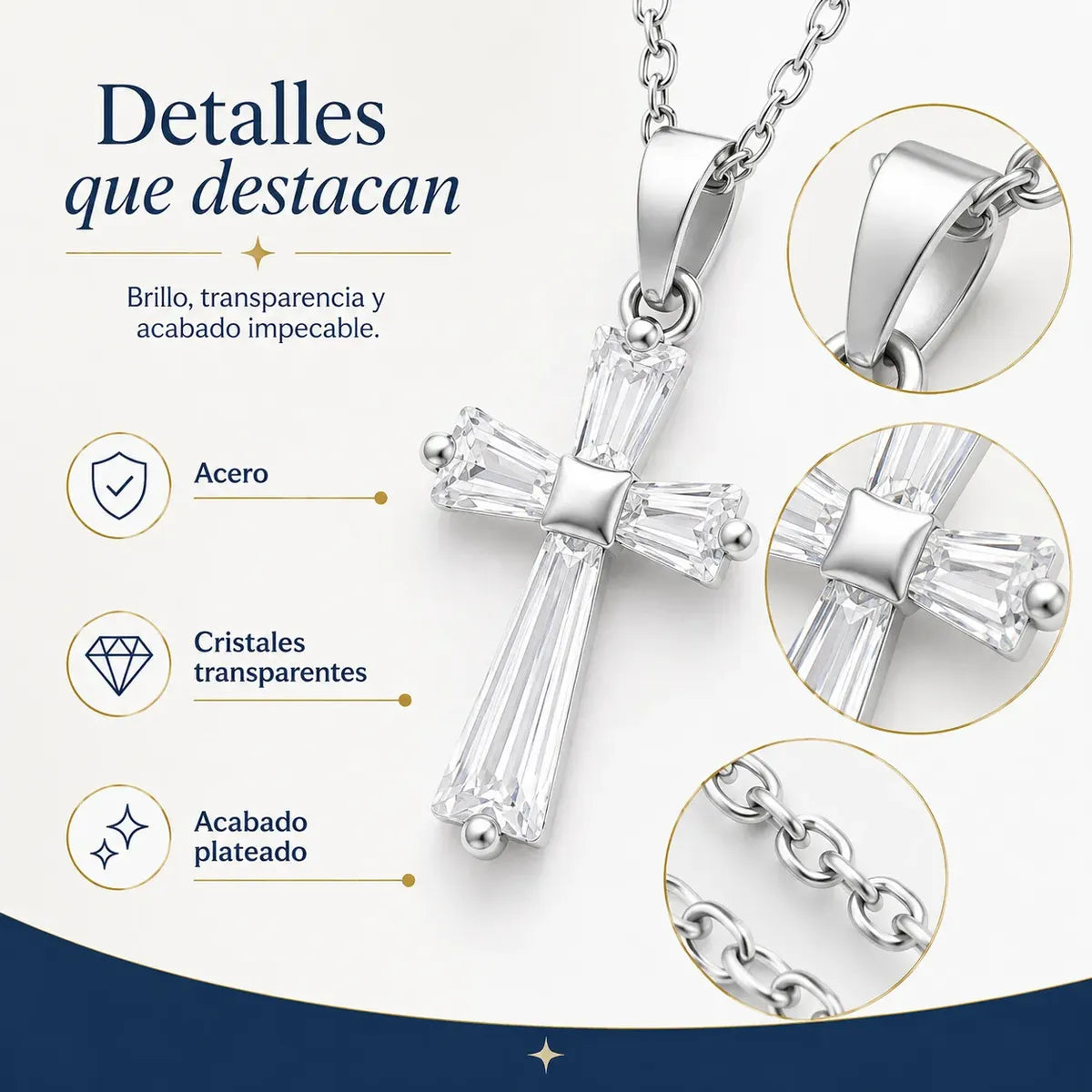 Collar Cruz Baguette con Circonias de Acero Inoxidable