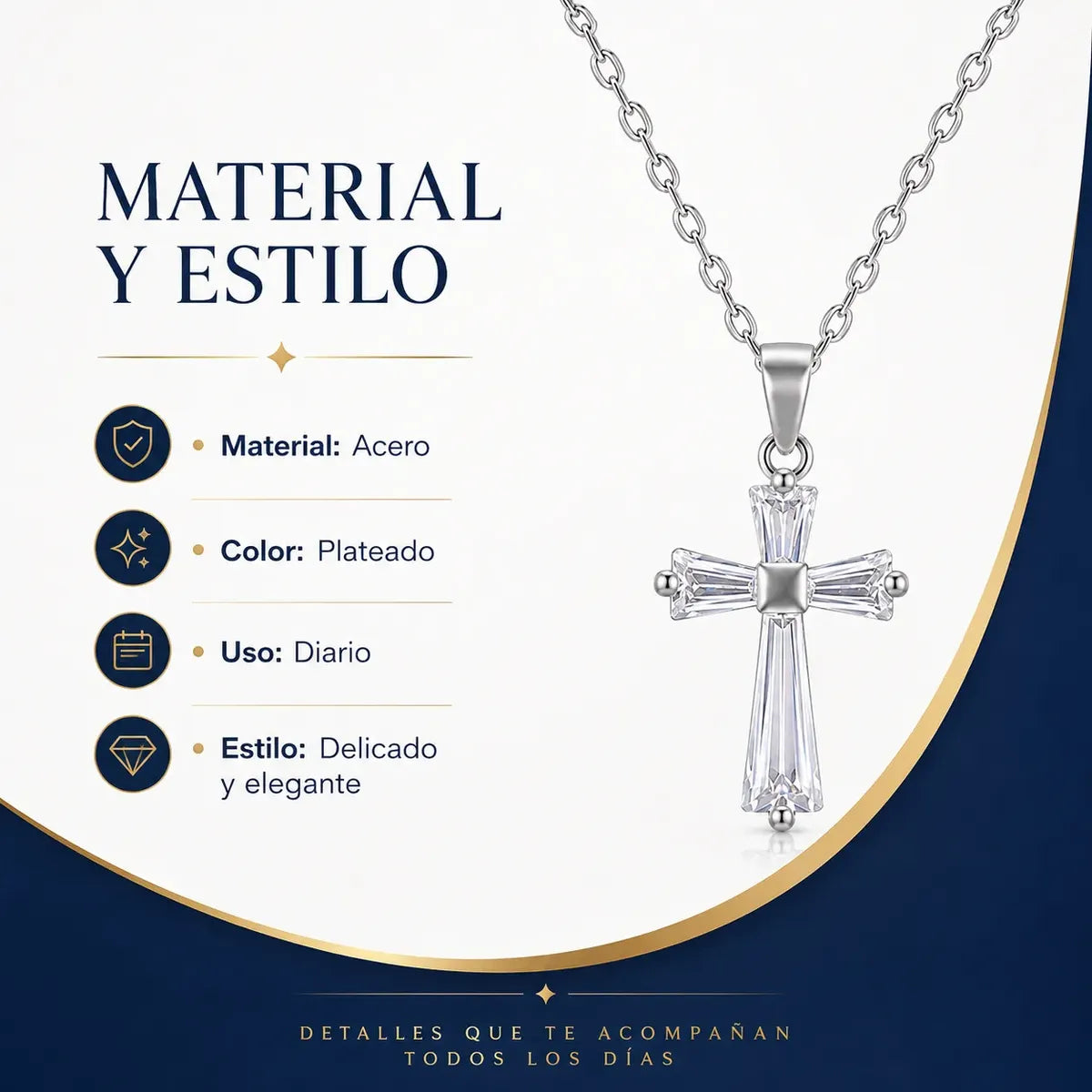 Collar Cruz Baguette con Circonias de Acero Inoxidable