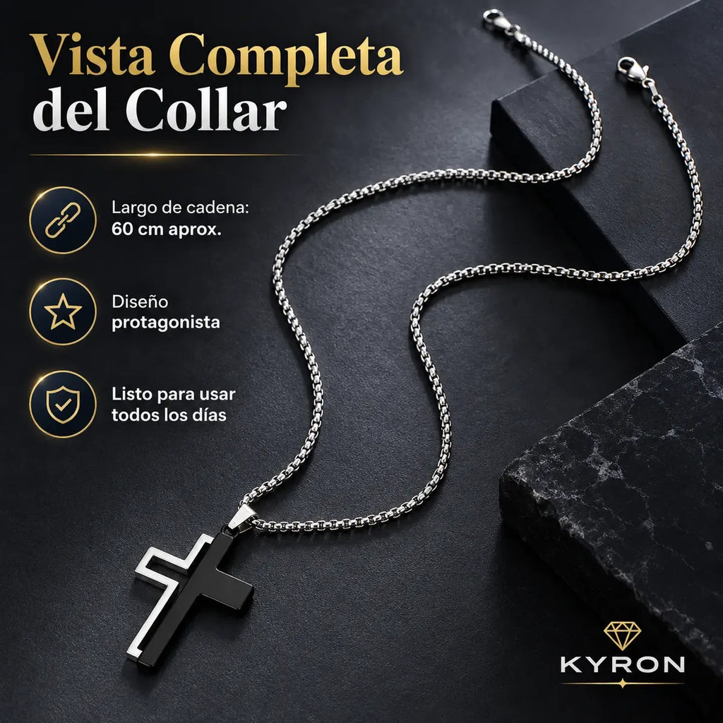 Collar Cruz Doble Bicolor de Acero Inoxidable Cadena Gruesa