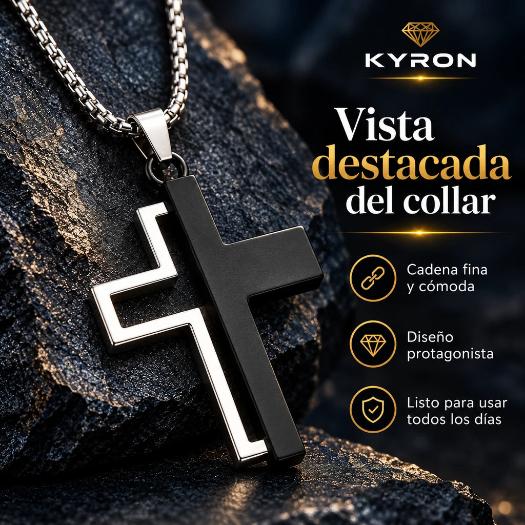 Collar Cruz Doble Bicolor de Acero Inoxidable Cadena Gruesa