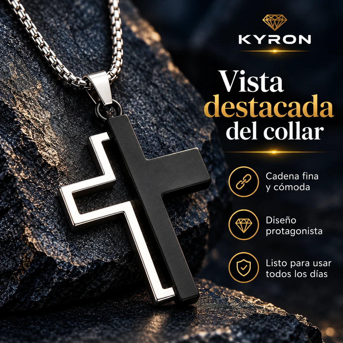 Collar Cruz Doble Bicolor de Acero Inoxidable Cadena Gruesa