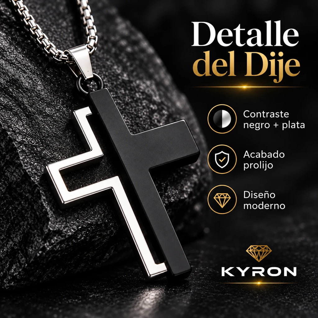 Collar Cruz Doble Bicolor de Acero Inoxidable Cadena Gruesa