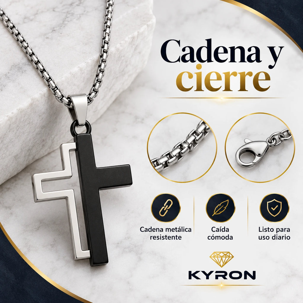 Collar Cruz Doble Bicolor de Acero Inoxidable Cadena Gruesa