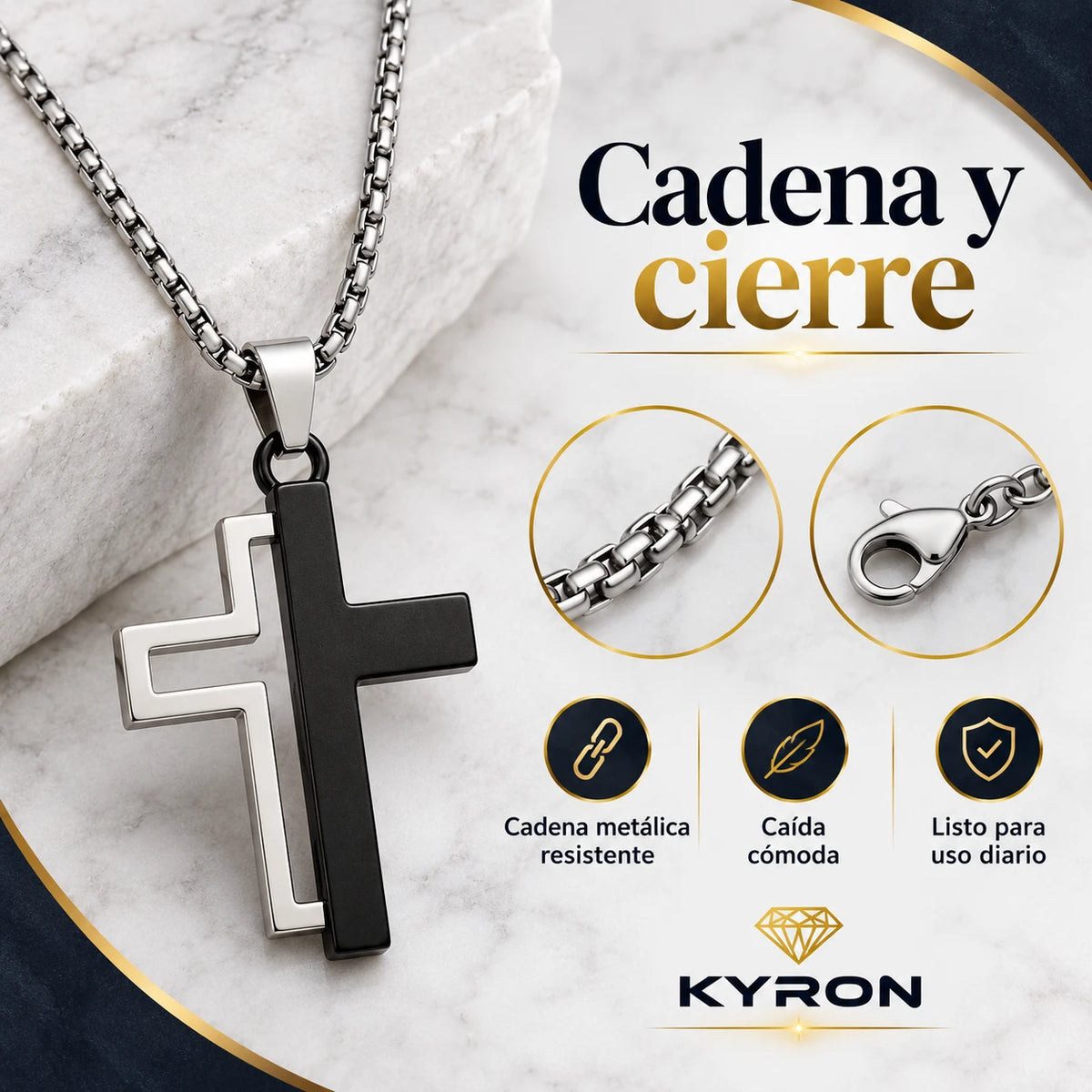 Collar Cruz Doble Bicolor de Acero Inoxidable Cadena Gruesa