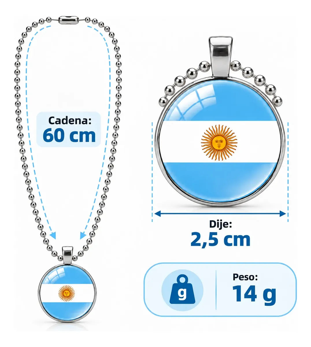 Collar Bandera Argentina Dije Redondo Cadena Bolita 60 cm
