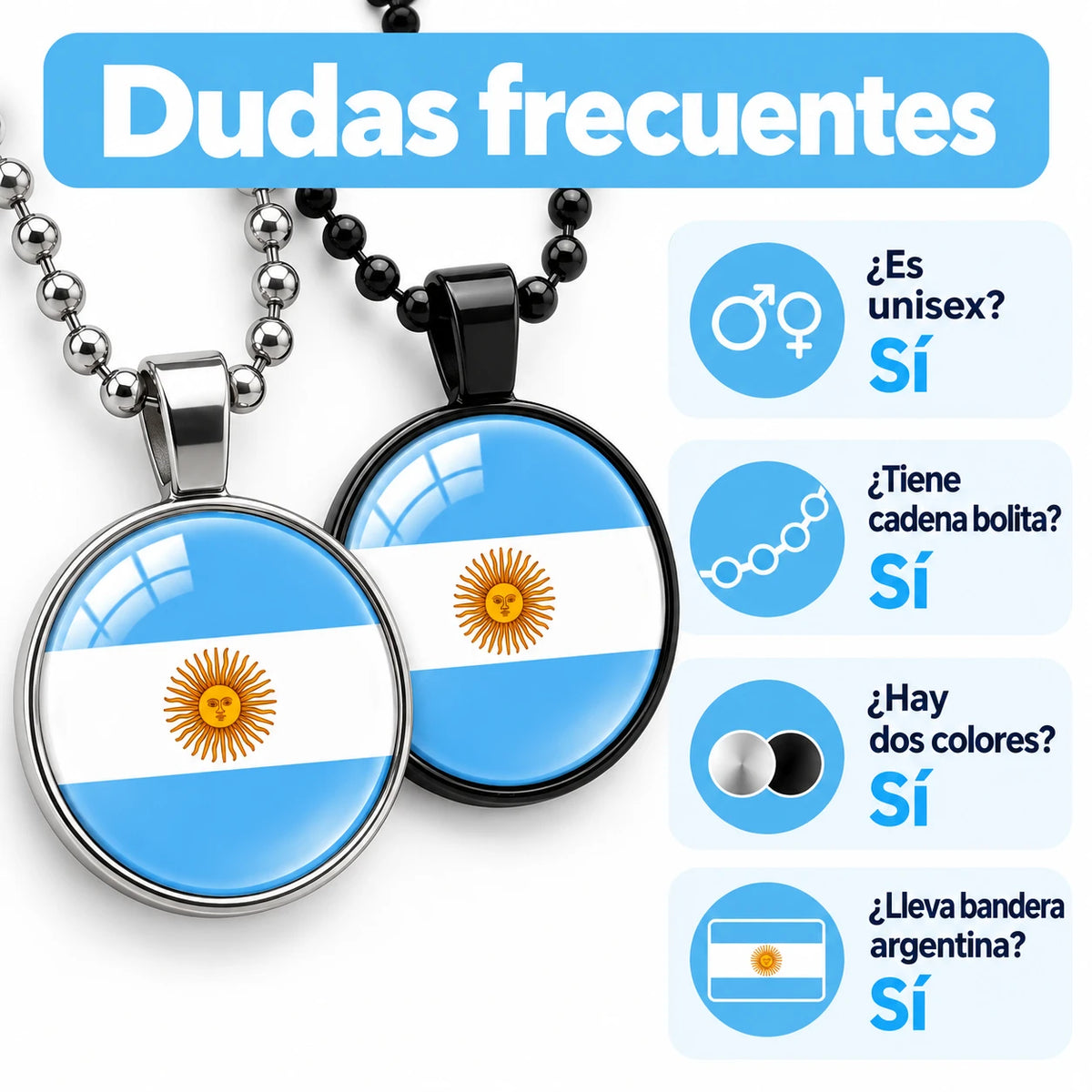 Collar Bandera Argentina Dije Redondo Cadena Bolita 60 cm