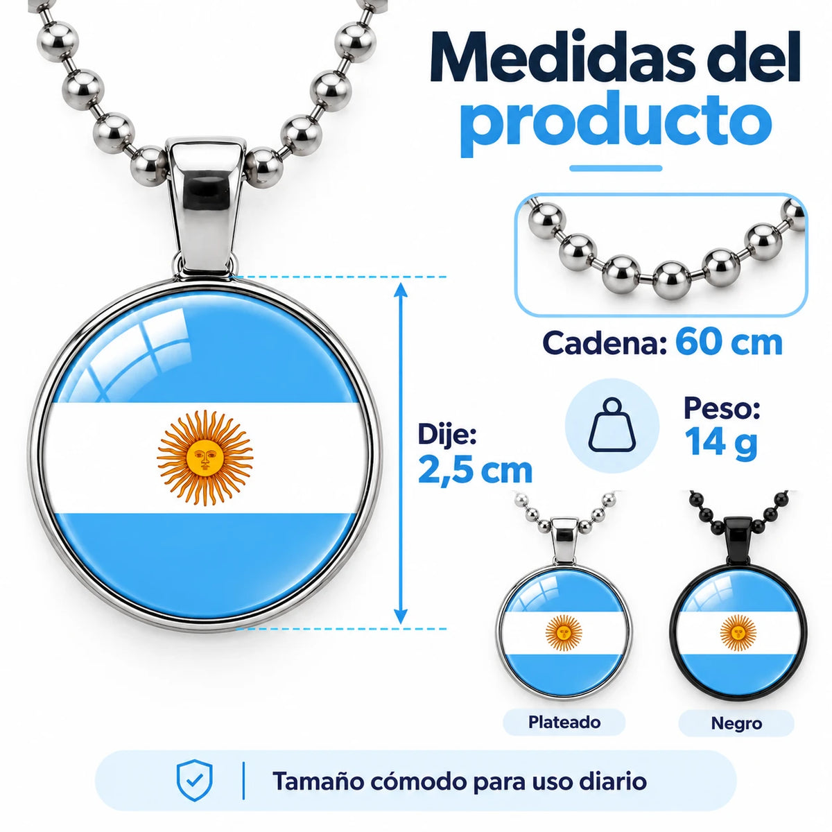 Collar Bandera Argentina Dije Redondo Cadena Bolita 60 cm