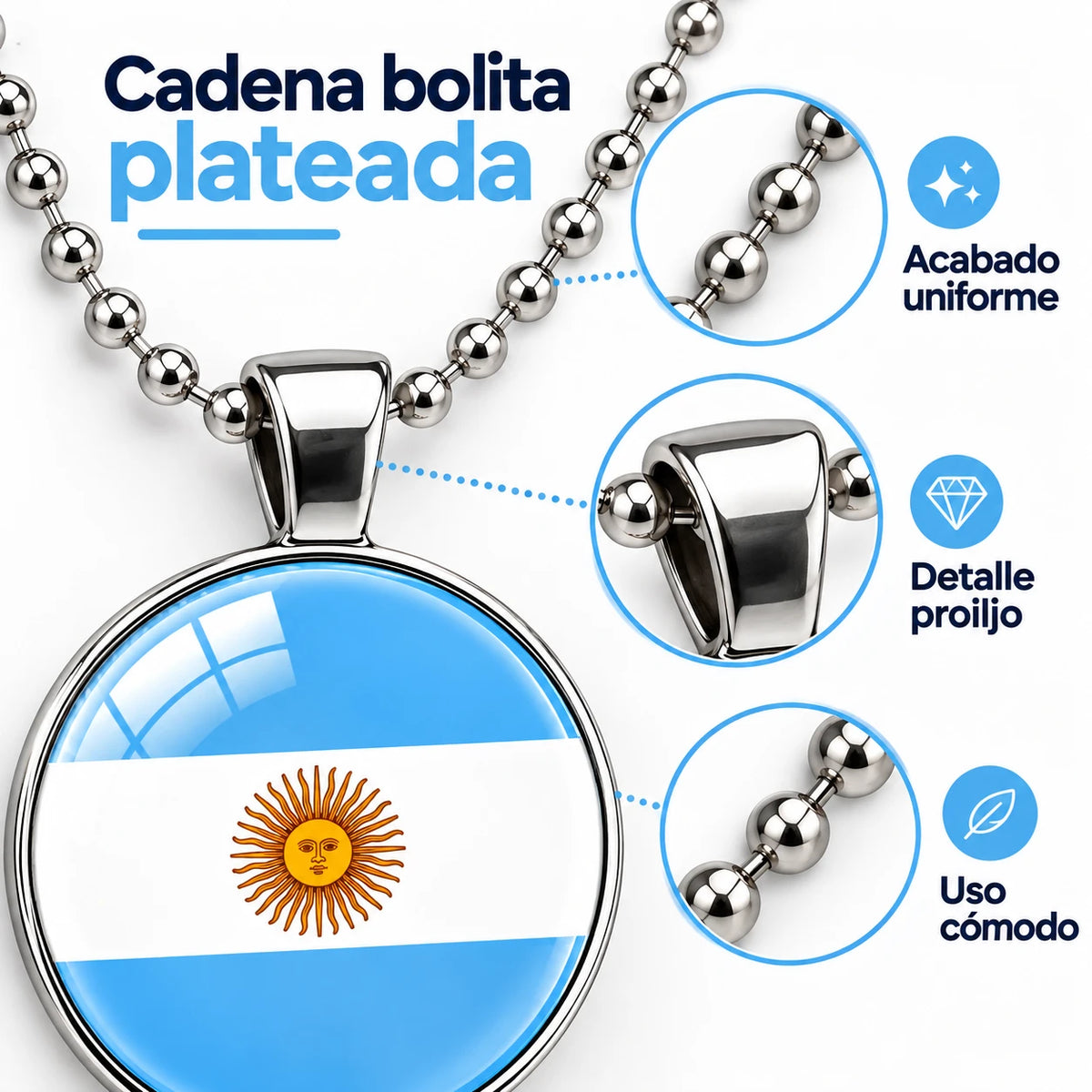 Collar Bandera Argentina Dije Redondo Cadena Bolita 60 cm