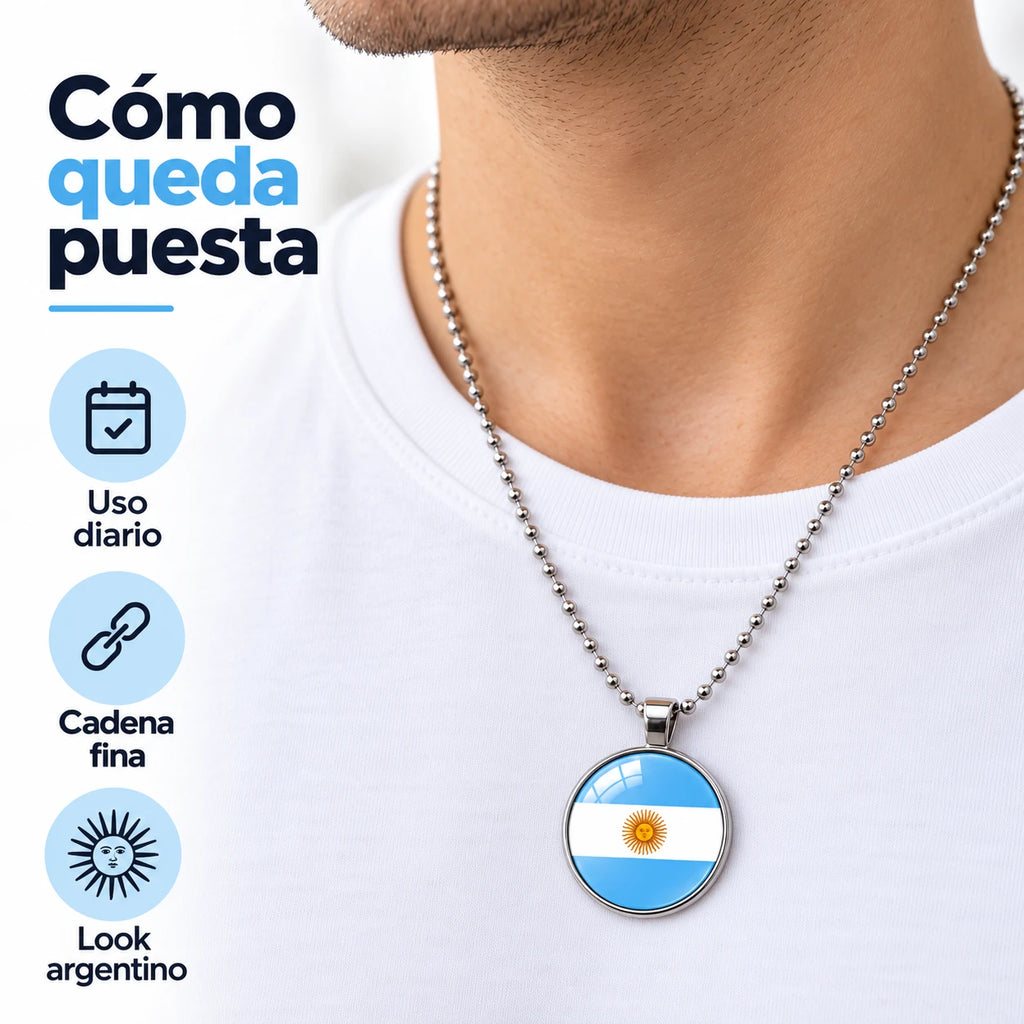 Collar Bandera Argentina Dije Redondo Cadena Bolita 60 cm