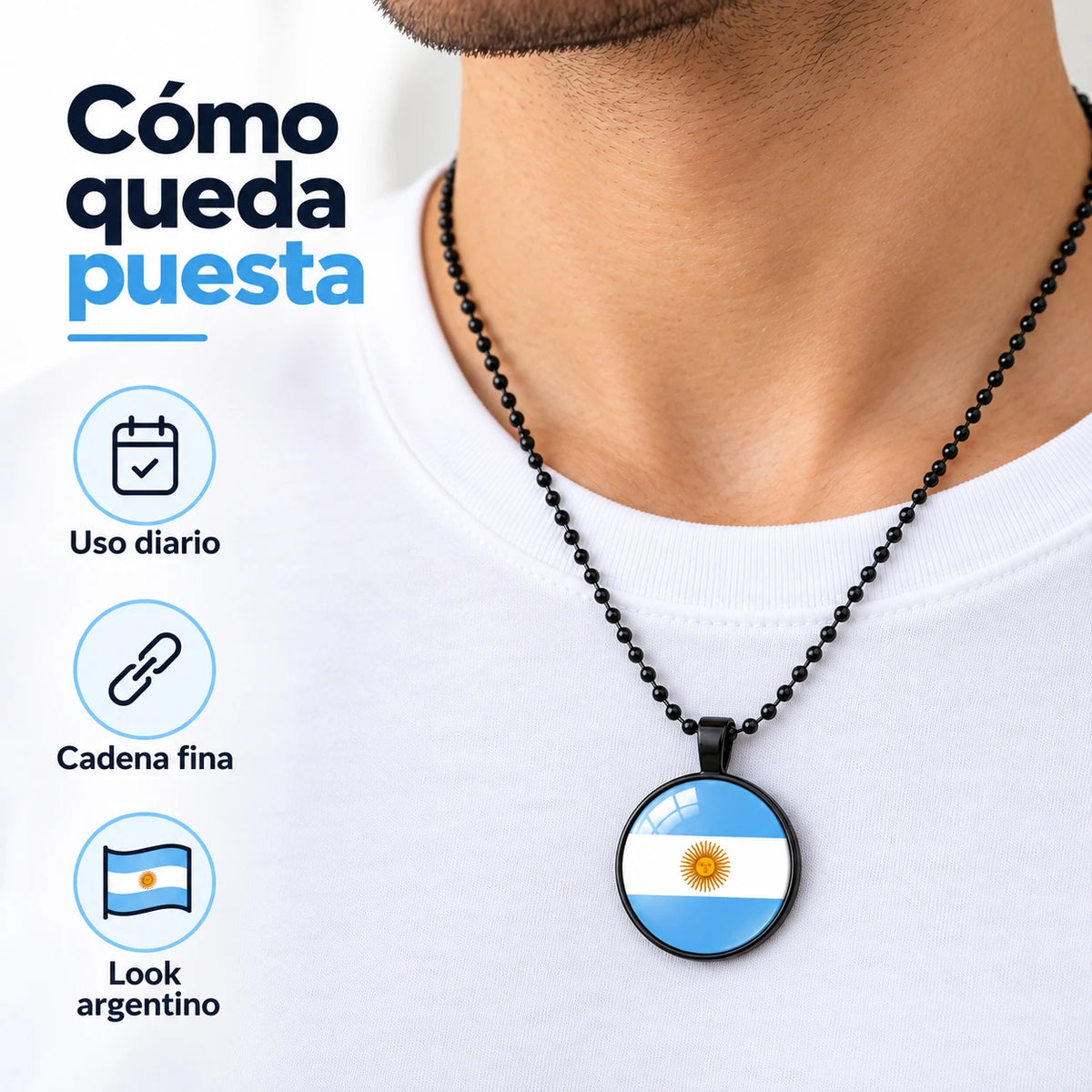 Collar Bandera Argentina Dije Redondo Cadena Bolita 60 cm