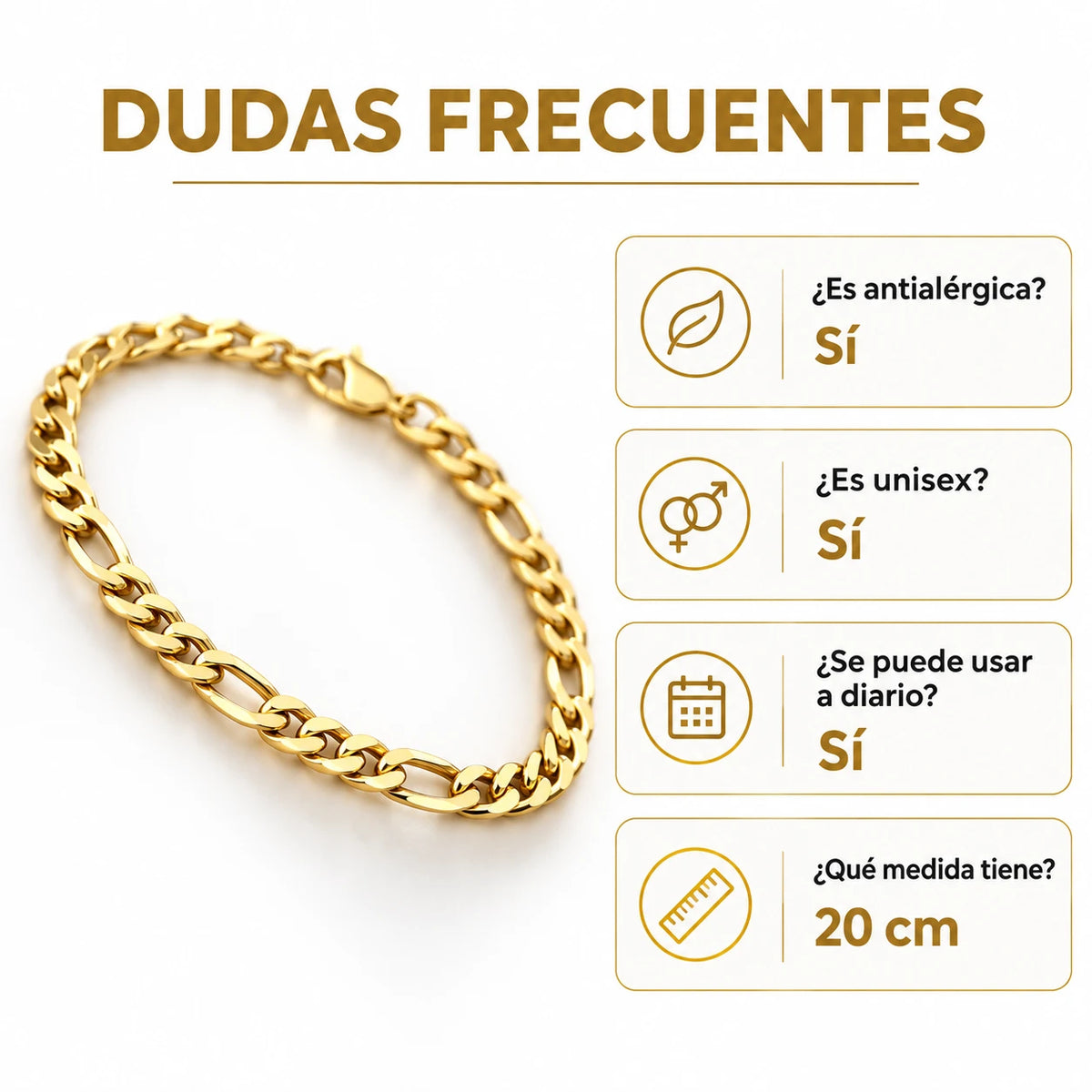 Pulsera Fígaro Dorada de Acero Inoxidable 1,4 mm 20 cm