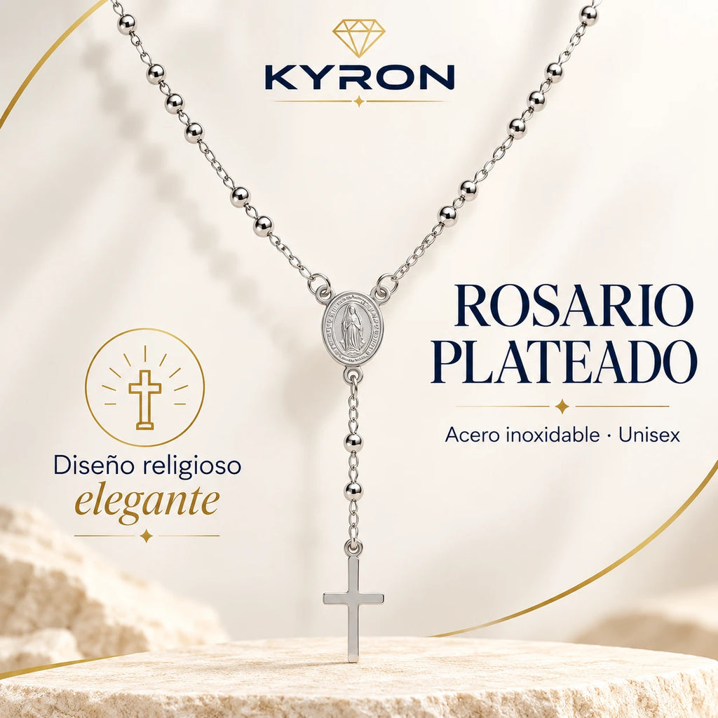Collar Rosario con Cruz y Medalla de Acero Inoxidable