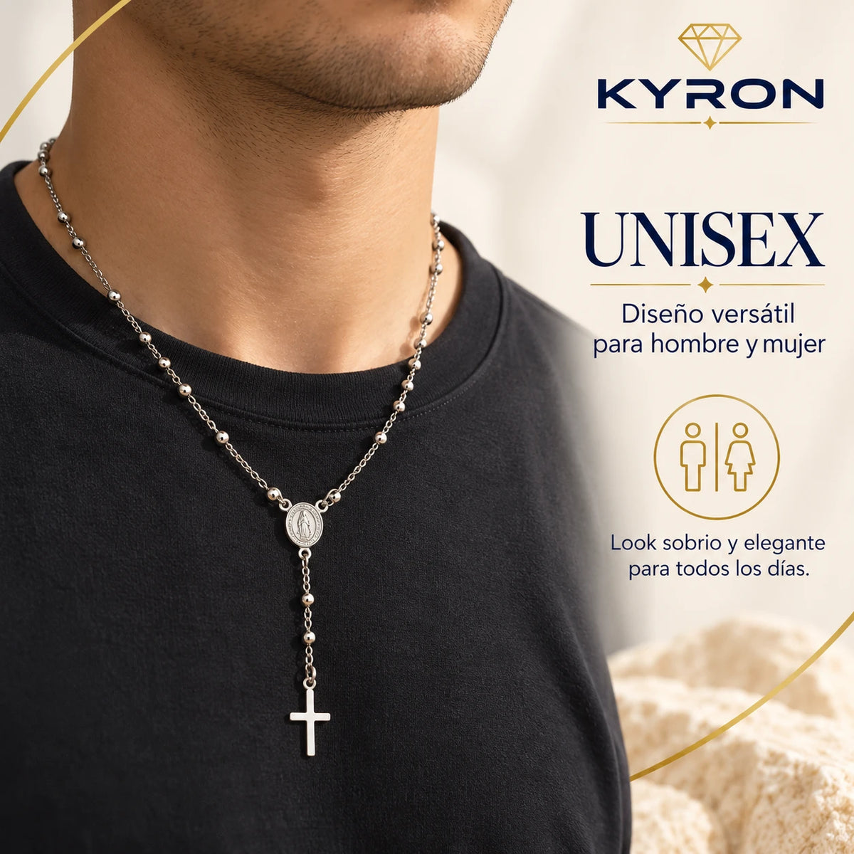 Collar Rosario con Cruz y Medalla de Acero Inoxidable