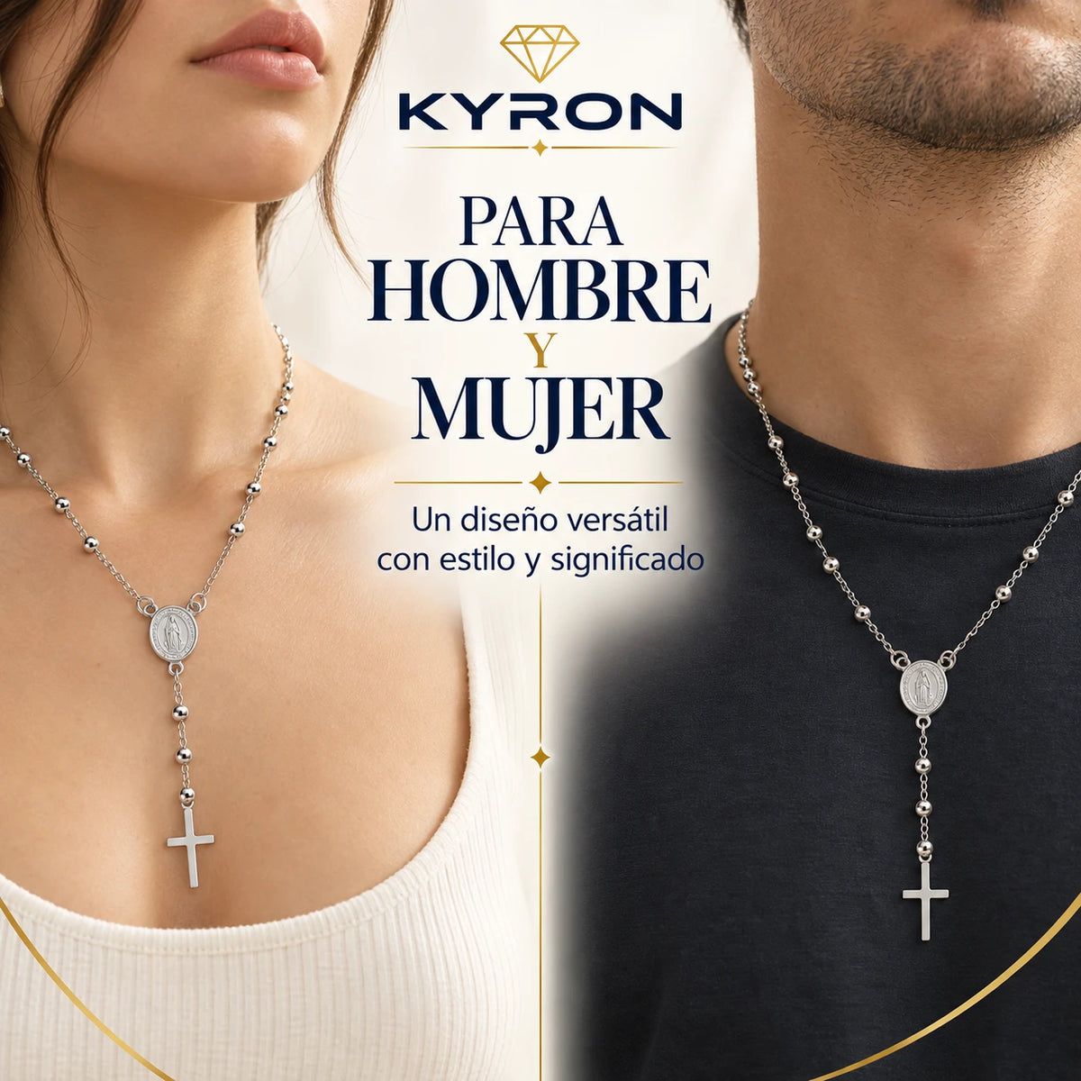 Collar Rosario con Cruz y Medalla de Acero Inoxidable
