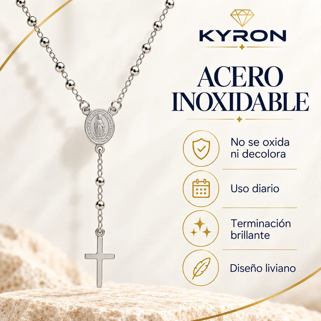 Collar Rosario con Cruz y Medalla de Acero Inoxidable