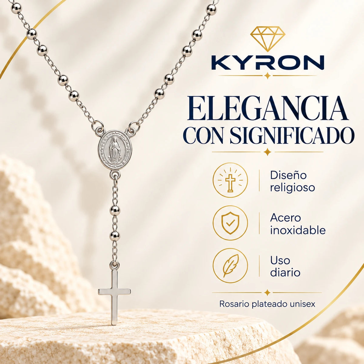 Collar Rosario con Cruz y Medalla de Acero Inoxidable