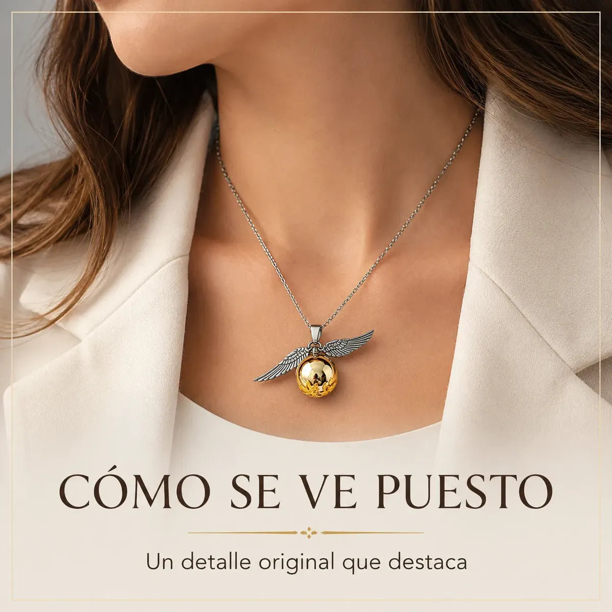 Collar Dije Alado Esfera Dorada de Acero Inoxidable