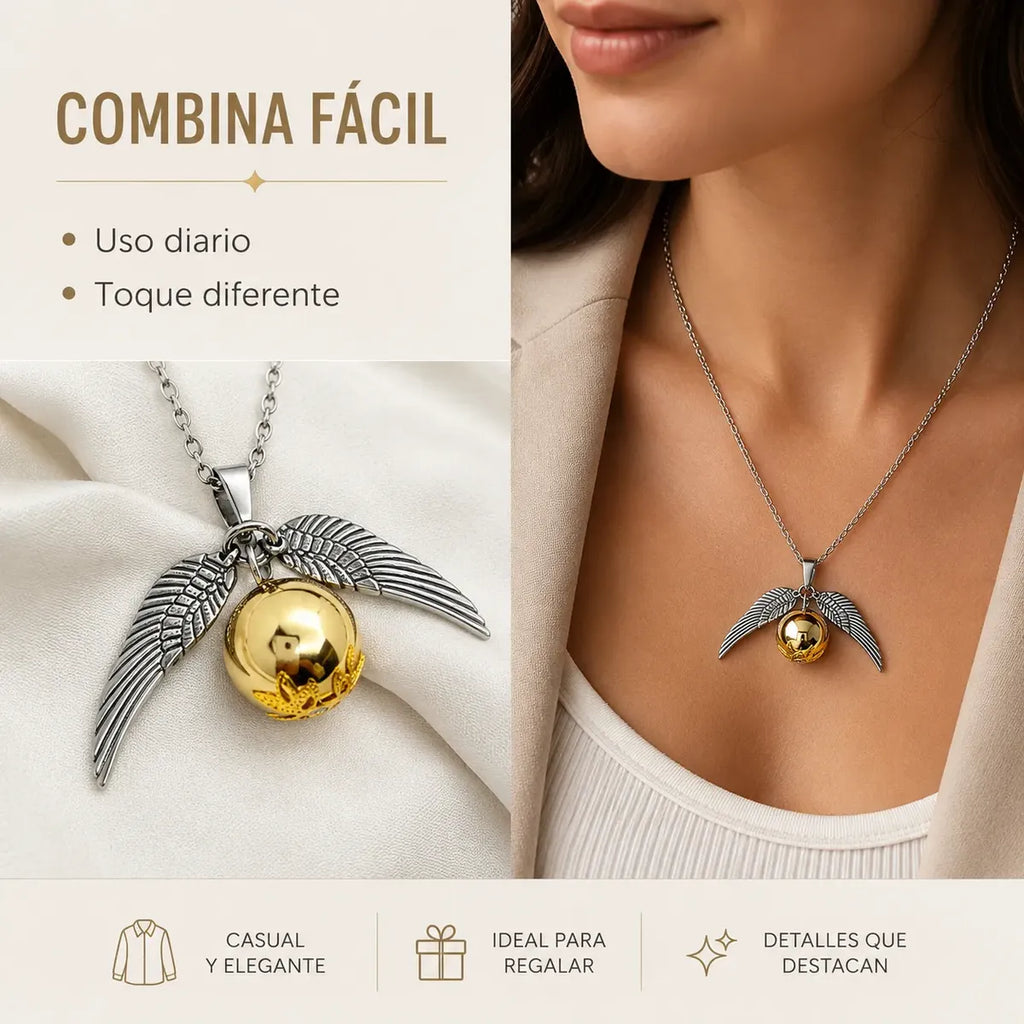 Collar Dije Alado Esfera Dorada de Acero Inoxidable