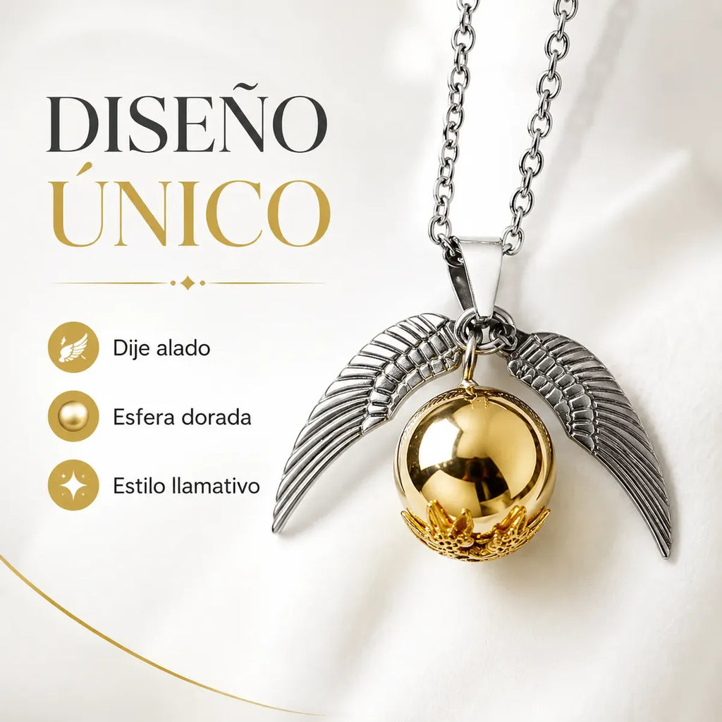 Collar Dije Alado Esfera Dorada de Acero Inoxidable