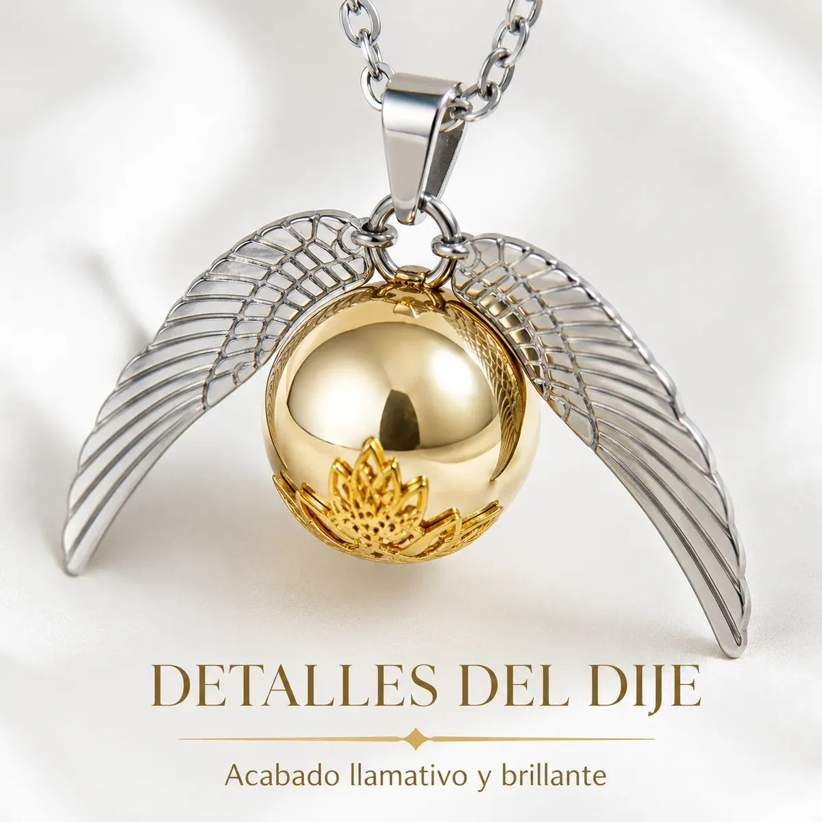 Collar Dije Alado Esfera Dorada de Acero Inoxidable